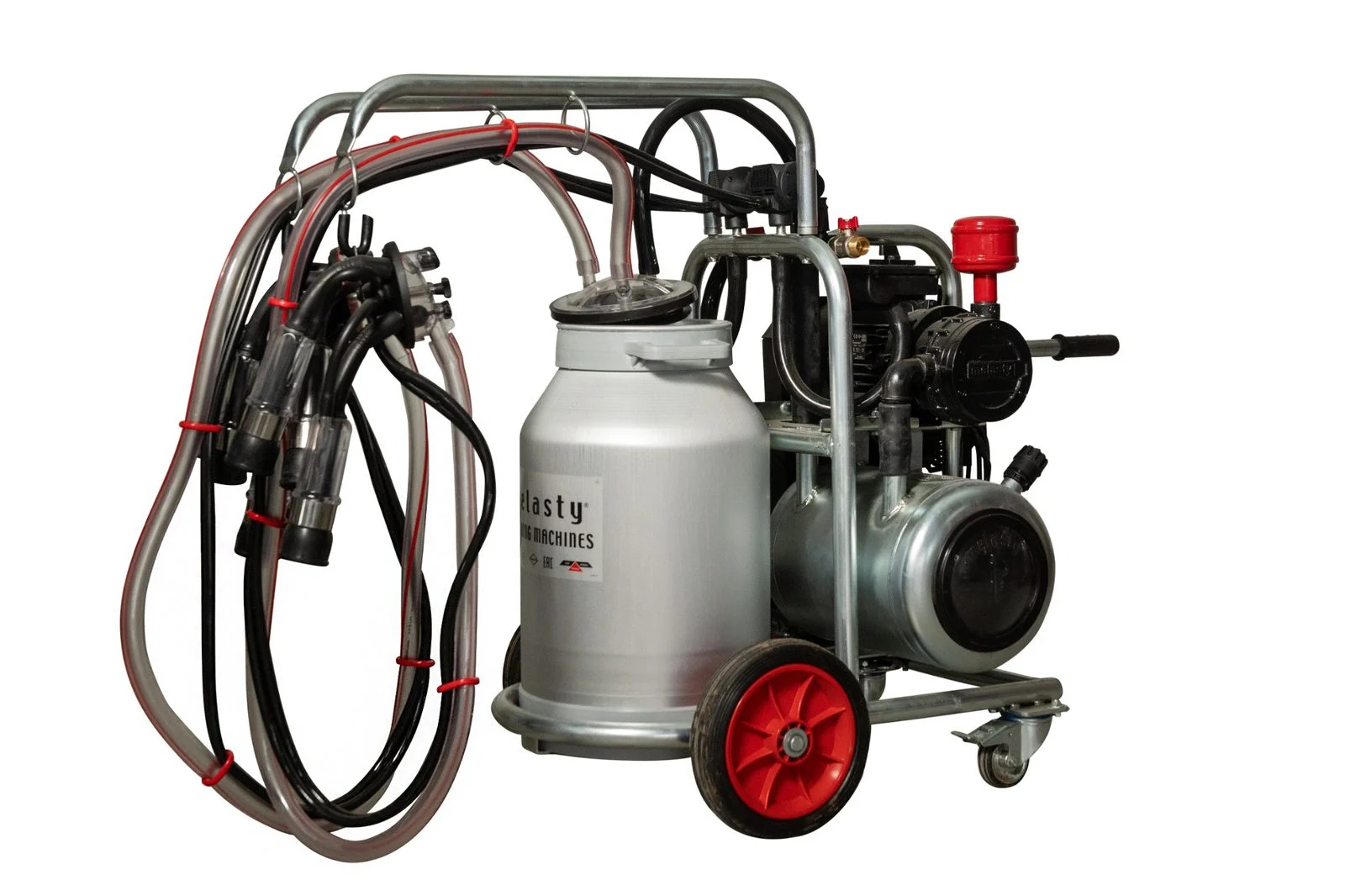 Aparat de muls vaci Melasty galvanizat, motor pe benzina, 2 posturi si bidon aluminiu 40 L