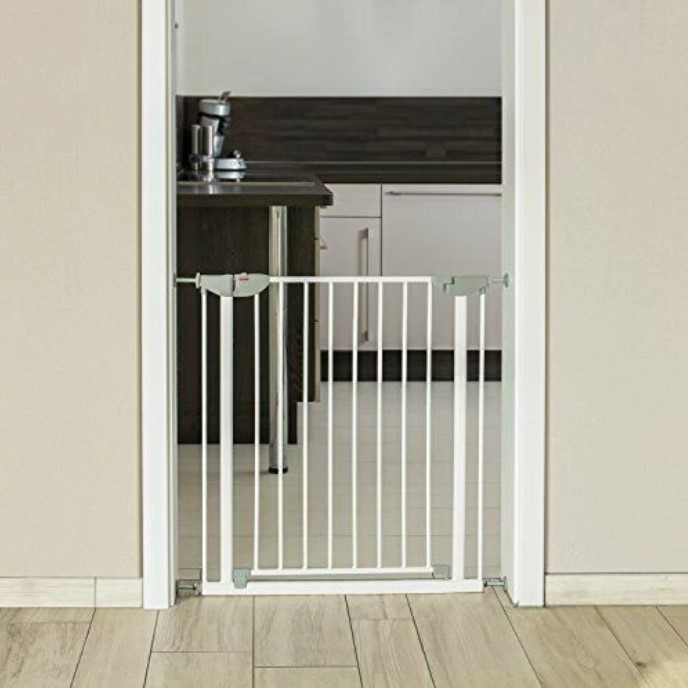 Poarta de siguranta pentru caini, copii, bariera scari, dimensiuni ajustabile 76 - 83 cm, culoare Alb