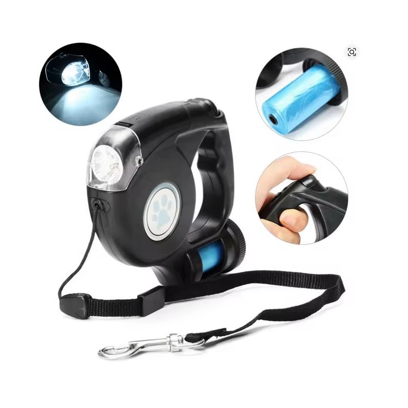 Lesa retractabila pentru caini si pisici , 4.5m, negru, cu suport saculeti igienici si lanterna LED - imagine 4