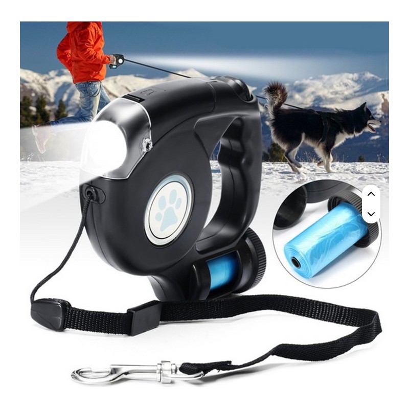 Lesa retractabila pentru caini si pisici , 4.5m, negru, cu suport saculeti igienici si lanterna LED - imagine 2
